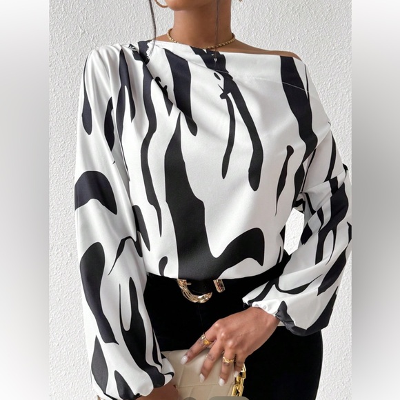 Elegant Off Shoulder Asymmetrical Neck Long Sleeve Top Blouse Shirt - Picture 2 of 7